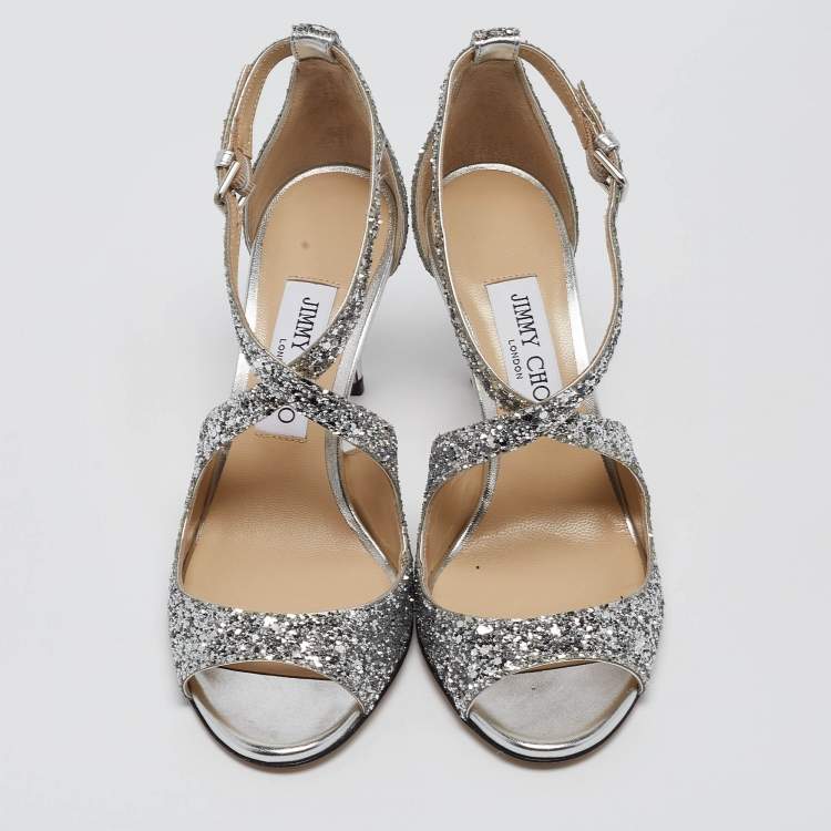 Pre Owned Jimmy Choo Silver Coarse Glitter Emily Sandals Size 37