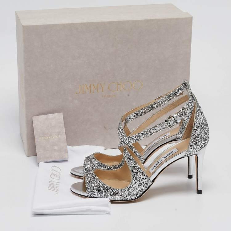 Pre Owned Jimmy Choo Silver Coarse Glitter Emily Sandals Size 37