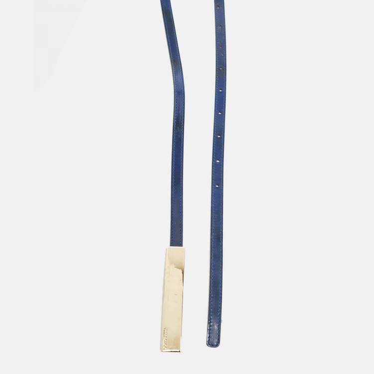 Pre Owned Jimmy Choo Navy Blue Patent Leather Logo Metal Slim Waist Belt 90CM
