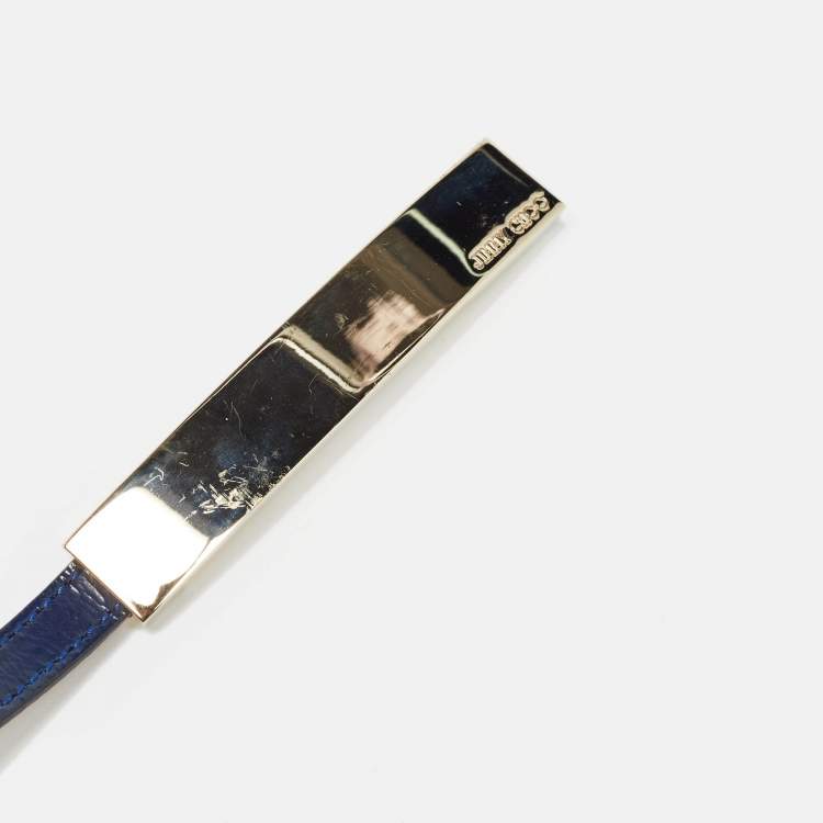 Pre Owned Jimmy Choo Navy Blue Patent Leather Logo Metal Slim Waist Belt 90CM