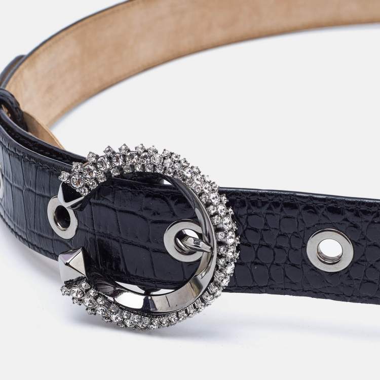 Pre Owned Jimmy Choo Black Croc Embossed Leather Madeline Crystals Buckle Belt 90CM