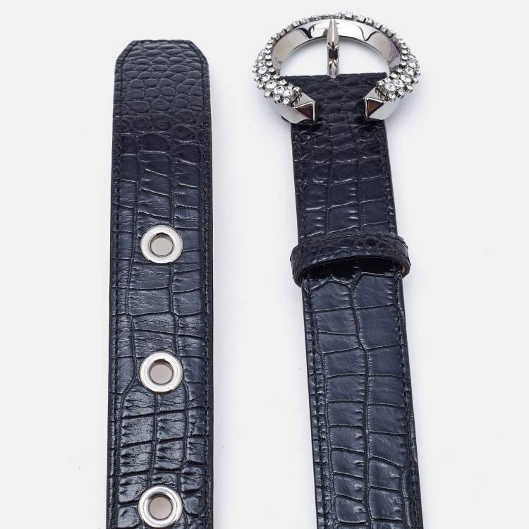 Pre Owned Jimmy Choo Black Croc Embossed Leather Madeline Crystals Buckle Belt 90CM