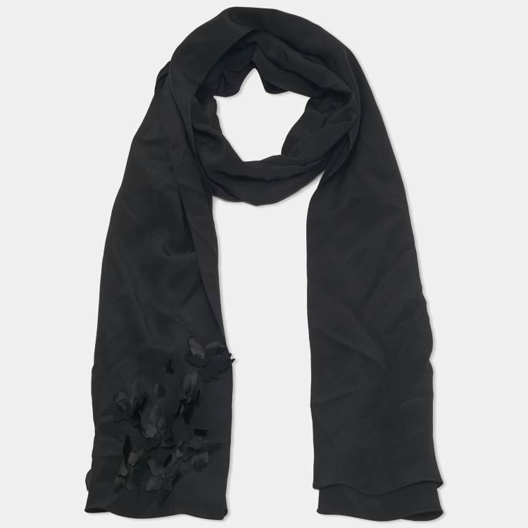 Pre Owned Jimmy Choo Black Floral Applique Silk Scarf