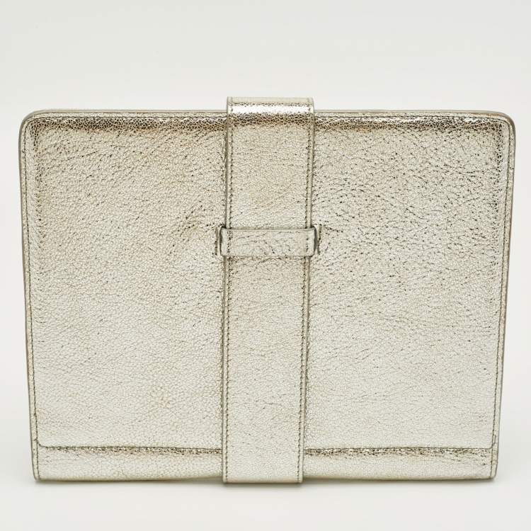 Pre Owned Jimmy Choo Silver Textured Foil Leather Flap Tablet Case