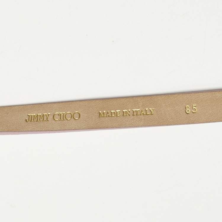 Pre Owned Jimmy Choo Metallic Pink Leather Logo Metal Slim Waist Belt 85CM