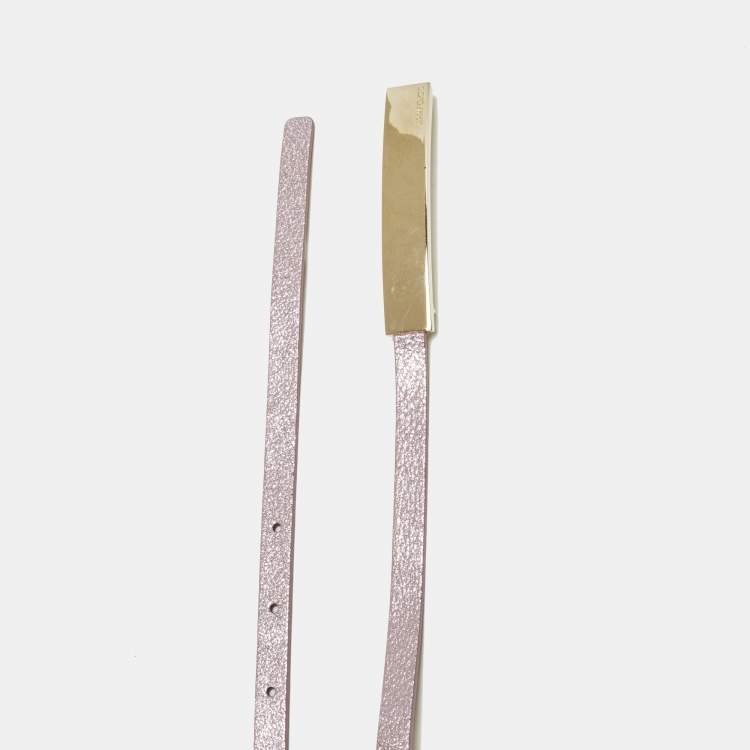 Pre Owned Jimmy Choo Metallic Pink Leather Logo Metal Slim Waist Belt 85CM