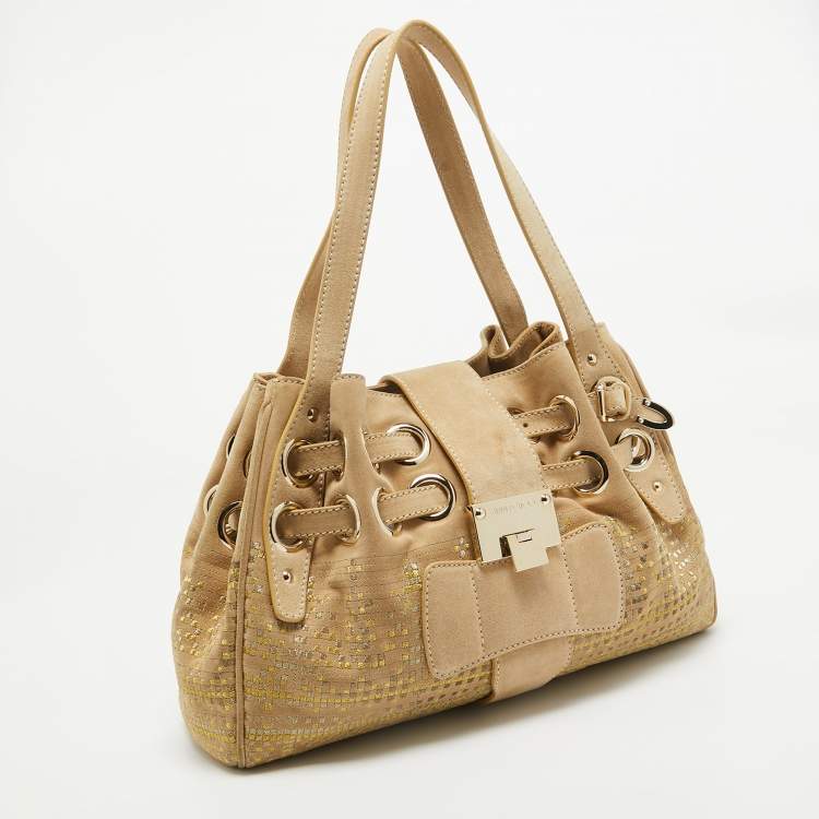 Pre Owned Jimmy Choo Beige Suede and Lurex Riki Tote