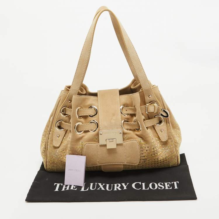 Pre Owned Jimmy Choo Beige Suede and Lurex Riki Tote