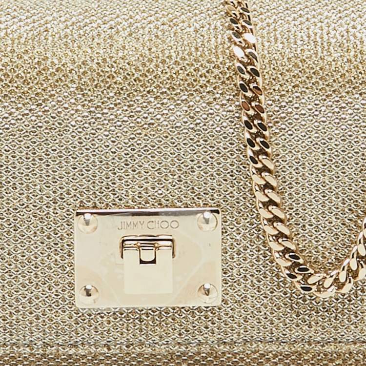 Pre Owned Jimmy Choo Gold Lame Glitter Fabric Ruby Chain Clutch