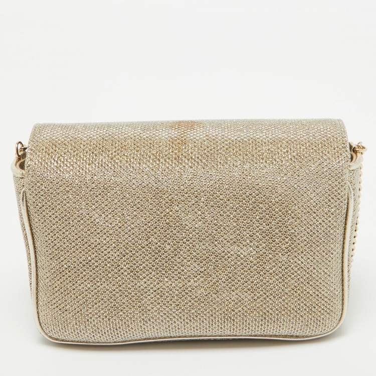 Pre Owned Jimmy Choo Gold Lame Glitter Fabric Ruby Chain Clutch