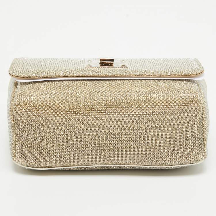 Pre Owned Jimmy Choo Gold Lame Glitter Fabric Ruby Chain Clutch