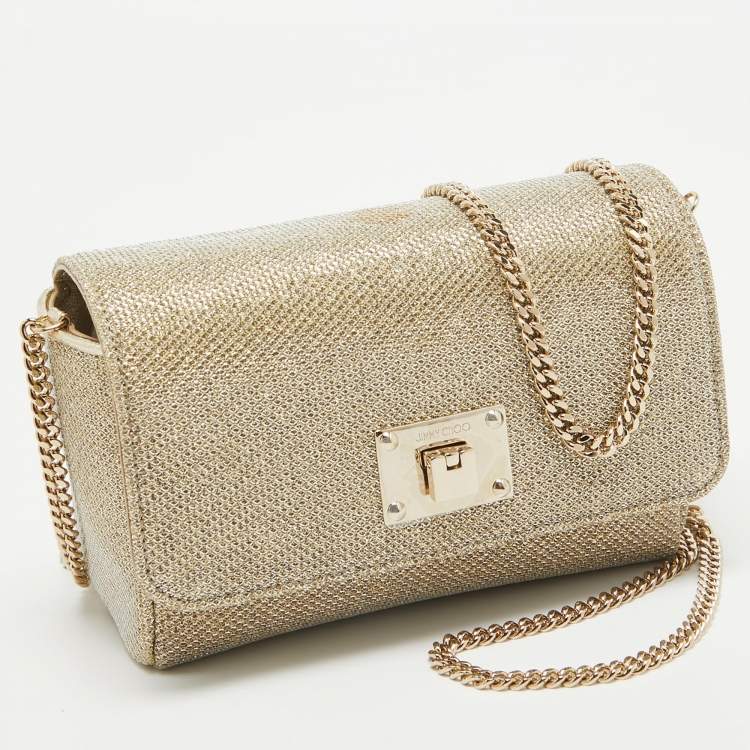 Pre Owned Jimmy Choo Gold Lame Glitter Fabric Ruby Chain Clutch