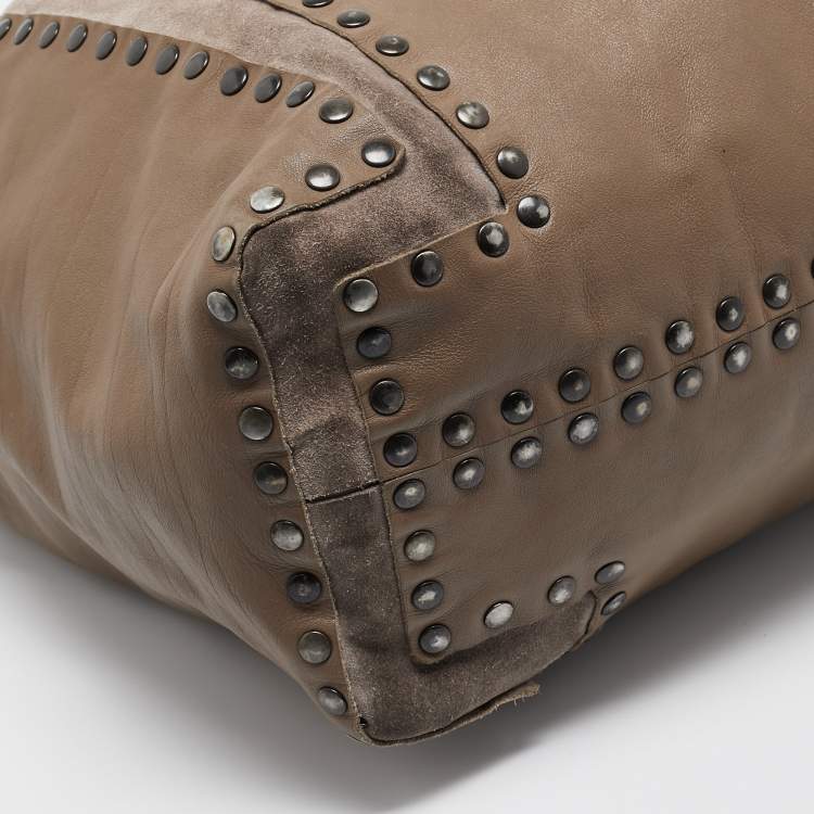 Pre Owned Jimmy Choo Brown Leather and Suede Leather Studded Saba Hobo
