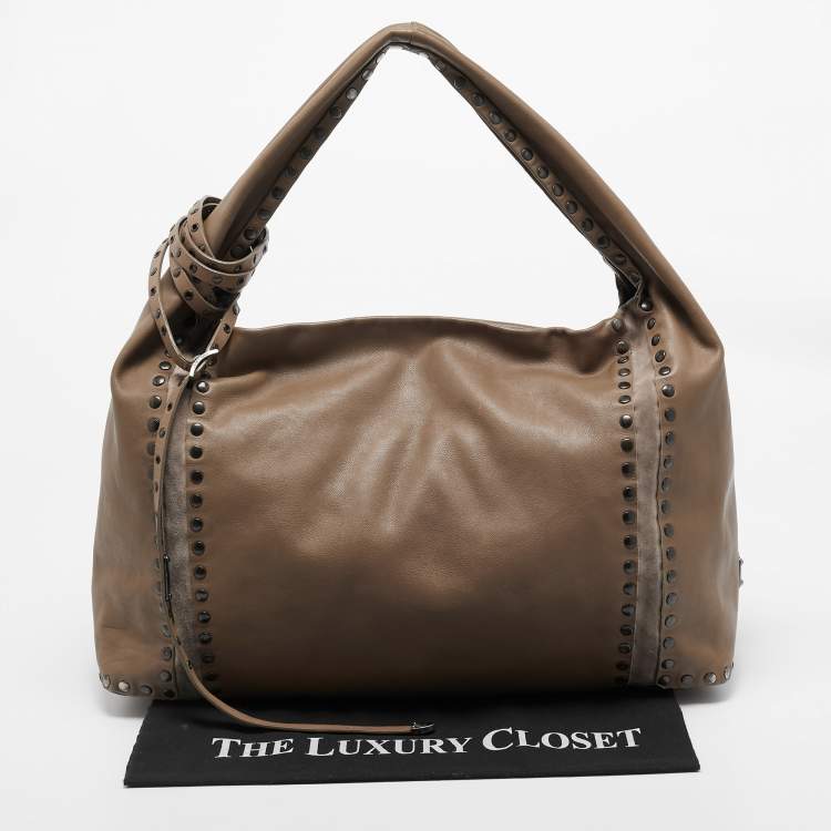 Pre Owned Jimmy Choo Brown Leather and Suede Leather Studded Saba Hobo