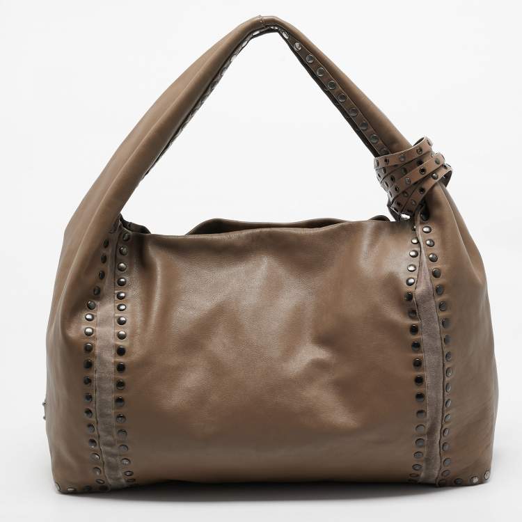 Pre Owned Jimmy Choo Brown Leather and Suede Leather Studded Saba Hobo
