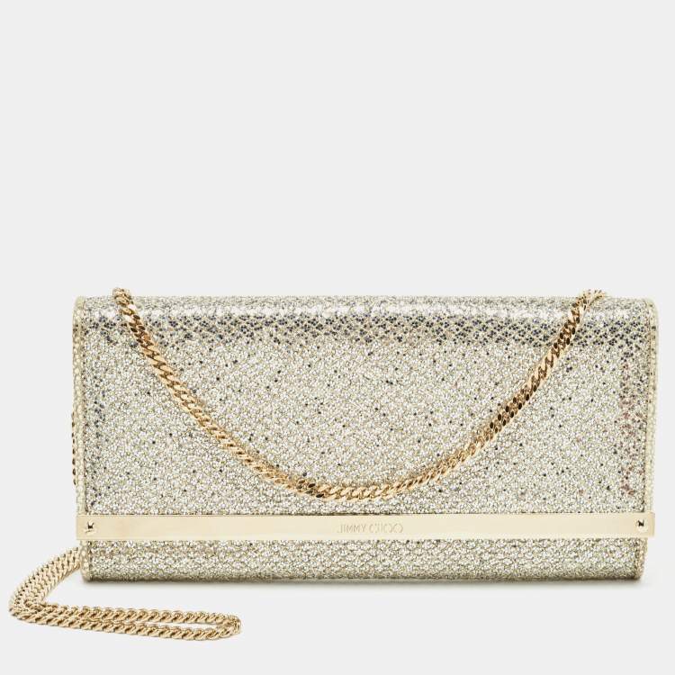 Pre Owned Jimmy Choo Gold Glitter Fabric Milla Chain Clutch