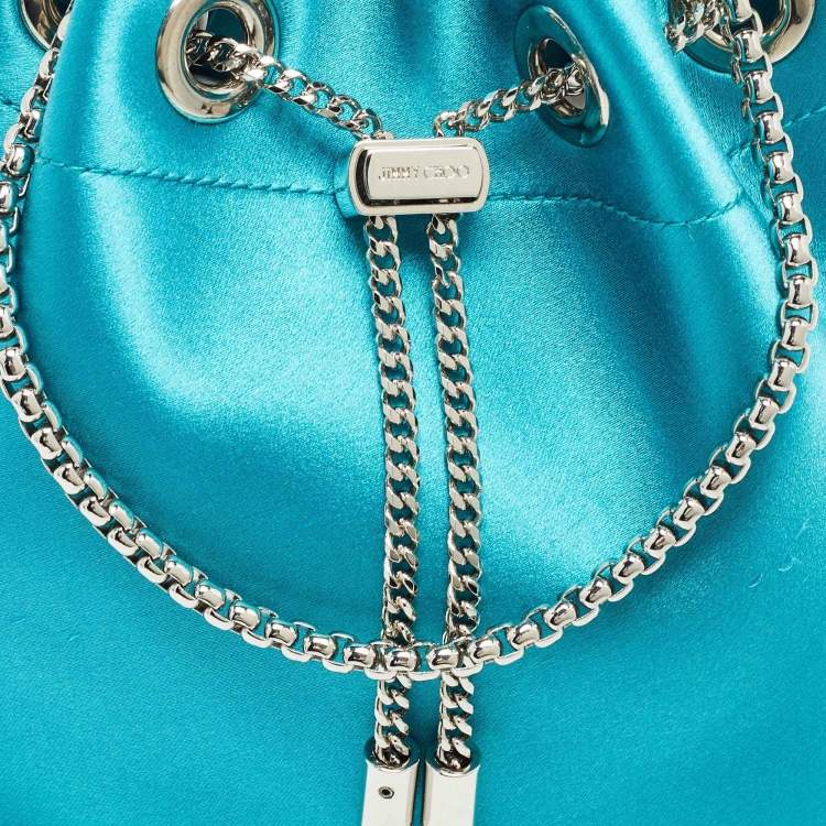 Pre Owned Jimmy Choo Aqua Green Satin Crystals Bon Bon Bucket Bag 