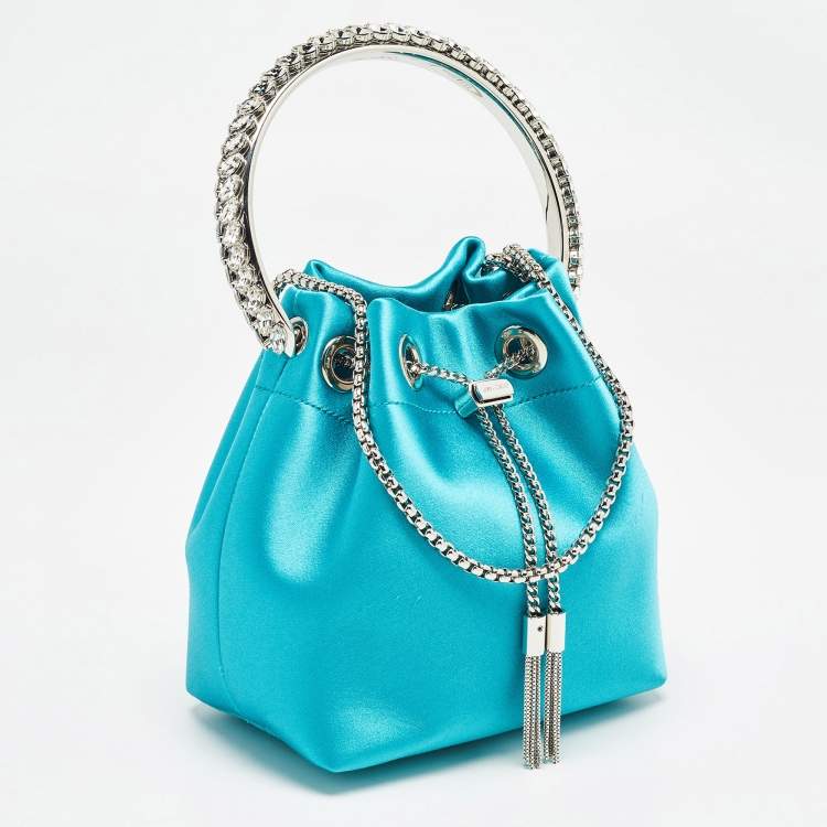 Pre Owned Jimmy Choo Aqua Green Satin Crystals Bon Bon Bucket Bag 