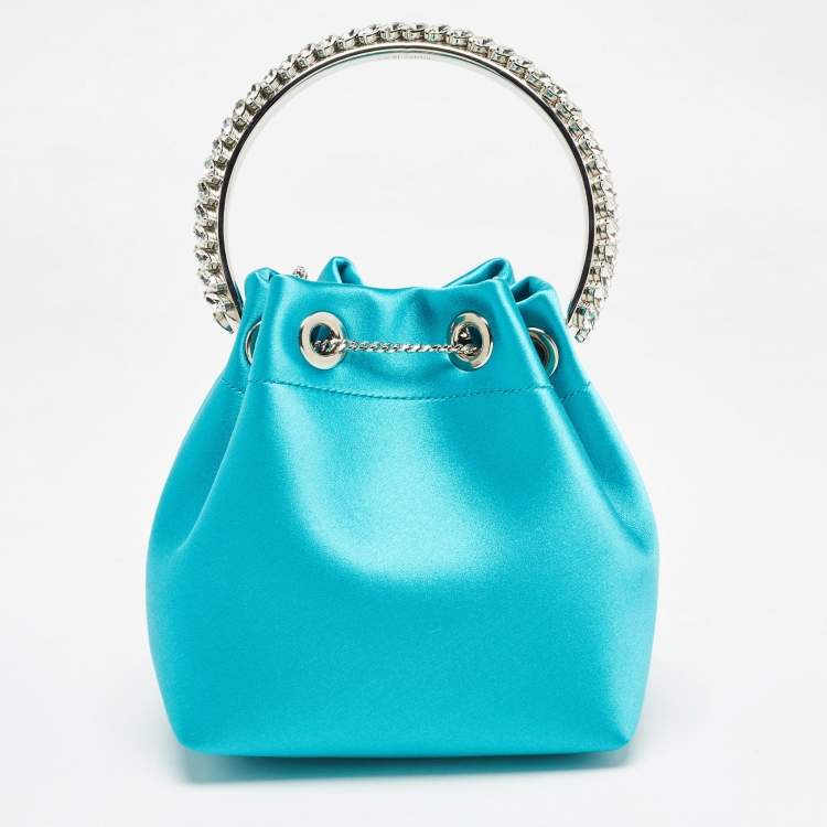 Pre Owned Jimmy Choo Aqua Green Satin Crystals Bon Bon Bucket Bag 