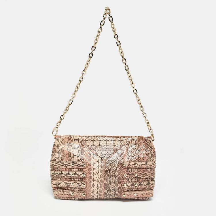 Pre Owned Jimmy Choo Pink Snakeskin and Leather Brix Convertible Chain Clutch