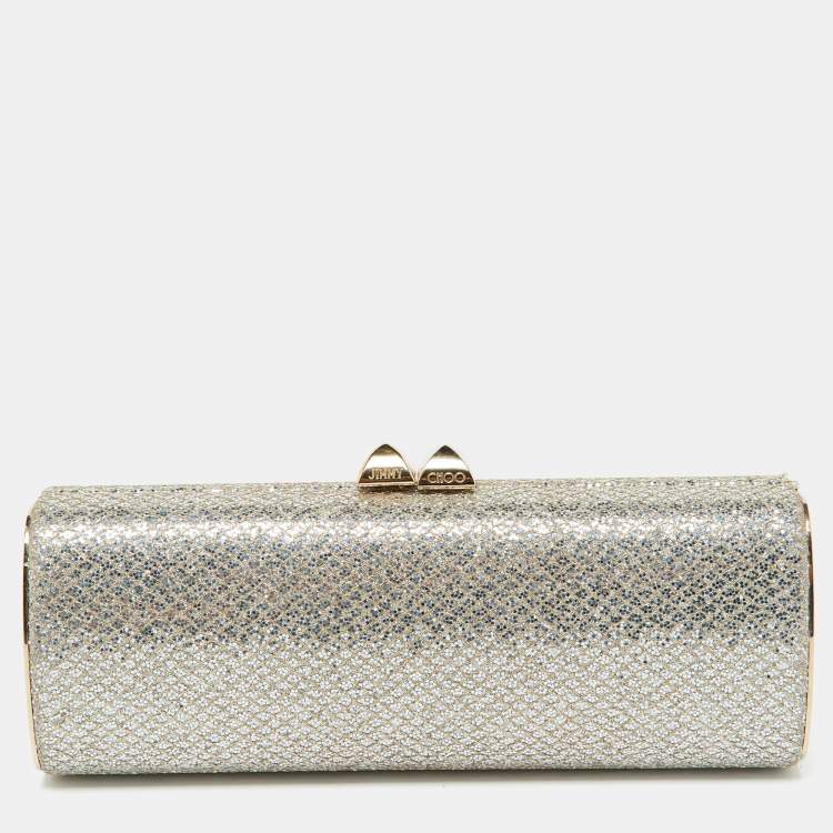 Pre Owned Jimmy Choo Gold Glitter Lurex Fabric Twill Tube Clutch