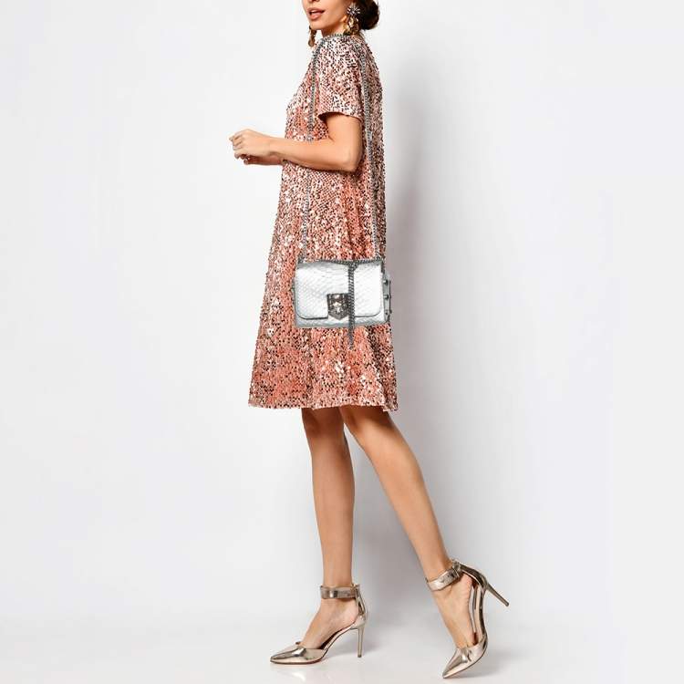 Pre Owned Jimmy Choo Silver Snakeskin Lockett City Shoulder Bag
