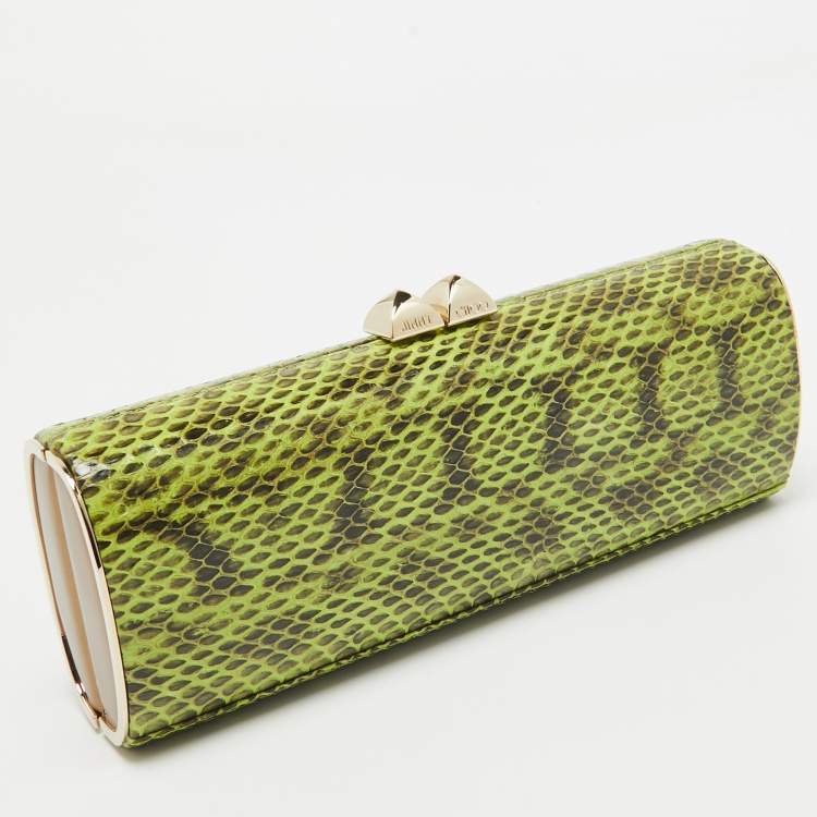 Pre Owned Jimmy Choo Green/Gold Python and Leather Clasp Clutch