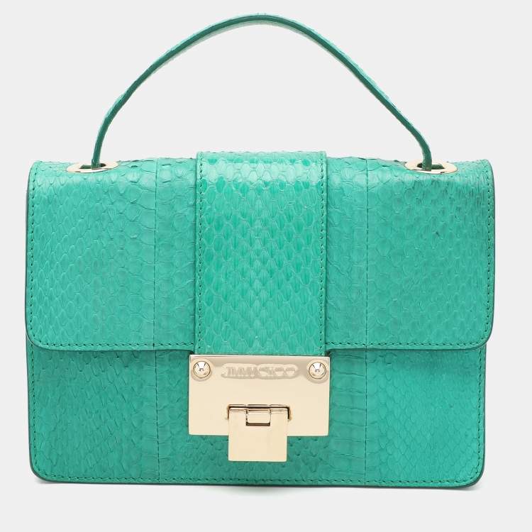 Pre Owned Jimmy Choo Green Watersnake Rebel Flap Top Handle Bag