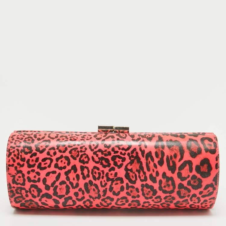 Pre Owned Jimmy Choo Neon Pink/Black Leopard Print Vinyl Twill Tube Clutch