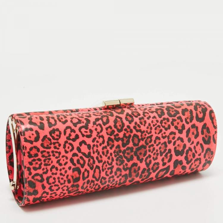 Pre Owned Jimmy Choo Neon Pink/Black Leopard Print Vinyl Twill Tube Clutch