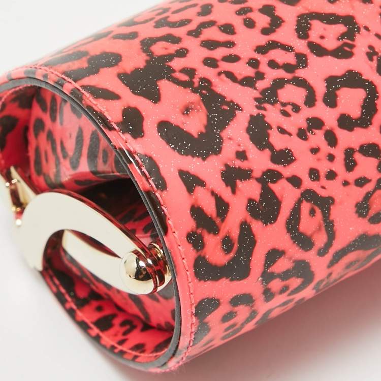 Pre Owned Jimmy Choo Neon Pink/Black Leopard Print Vinyl Twill Tube Clutch
