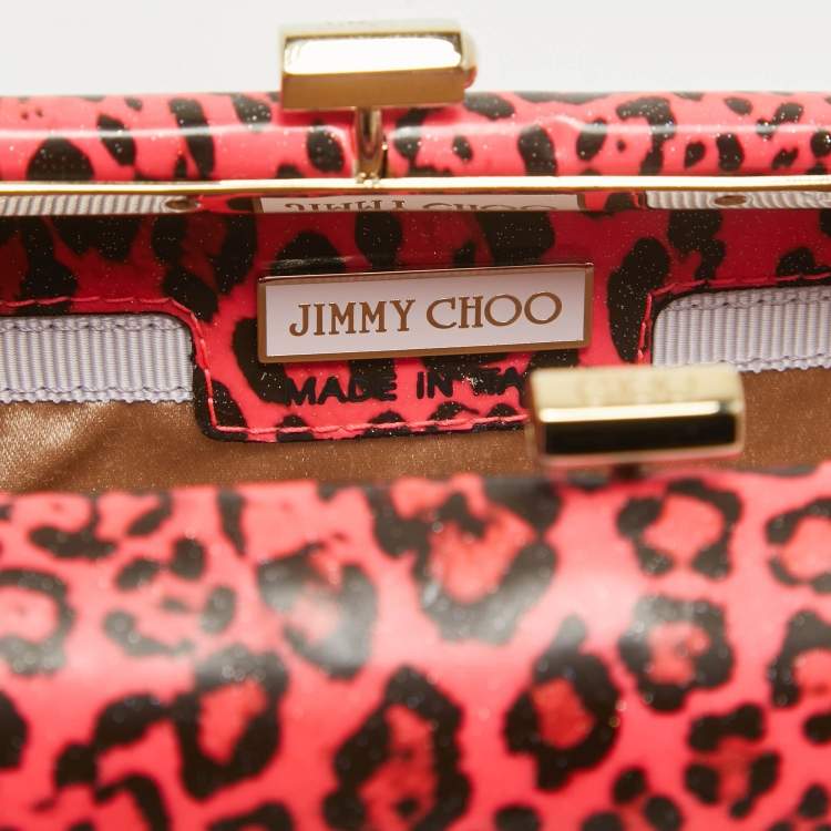 Pre Owned Jimmy Choo Neon Pink/Black Leopard Print Vinyl Twill Tube Clutch