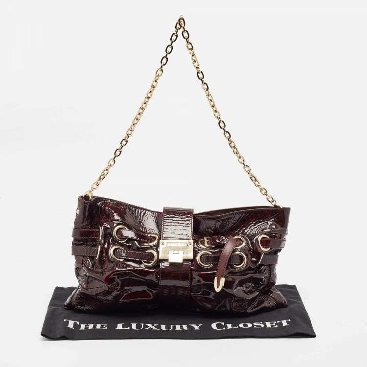 Pre Owned Jimmy Choo Burgundy Patent Leather Oversized Rio Chain Clutch