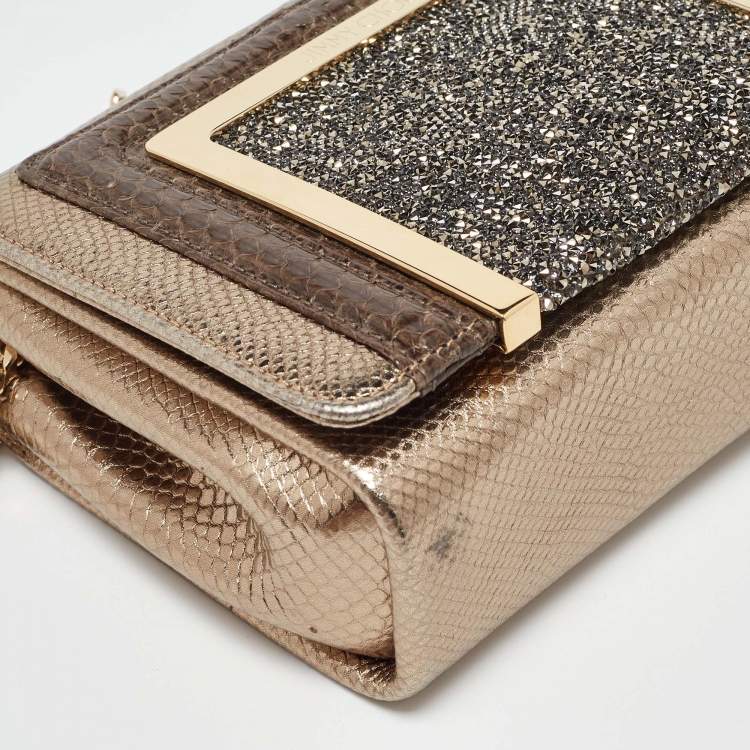 Pre Owned Jimmy Choo Gold/Brown Leather and Snakeskin Ava Crossbody Bag