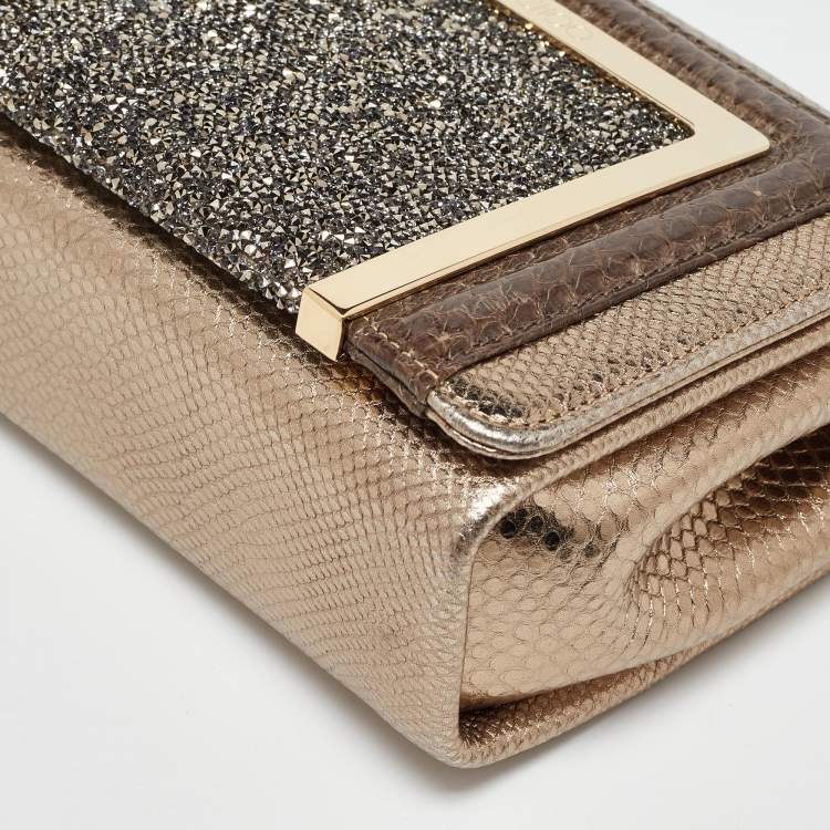 Pre Owned Jimmy Choo Gold/Brown Leather and Snakeskin Ava Crossbody Bag