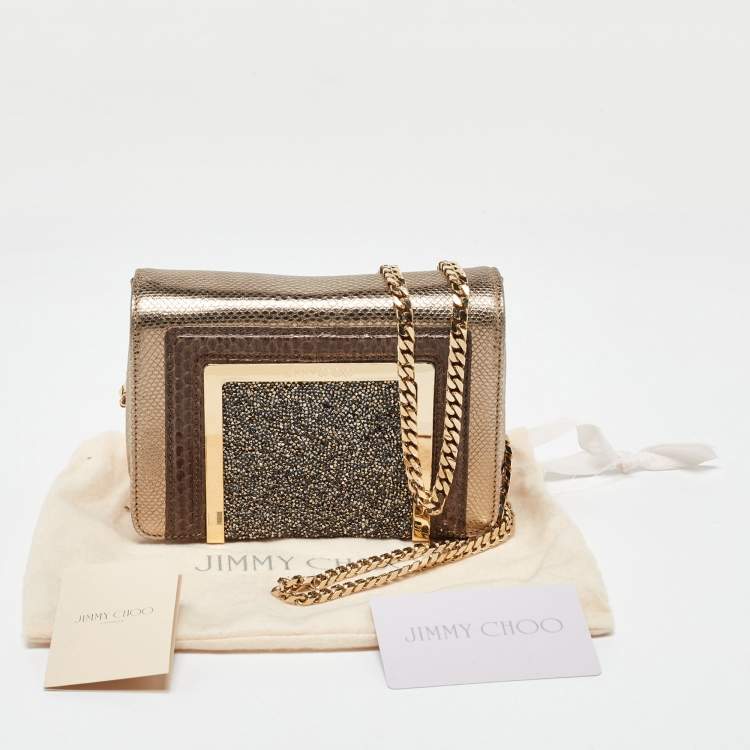 Pre Owned Jimmy Choo Gold/Brown Leather and Snakeskin Ava Crossbody Bag