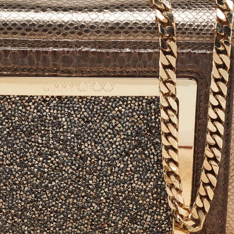 Pre Owned Jimmy Choo Gold/Brown Leather and Snakeskin Ava Crossbody Bag