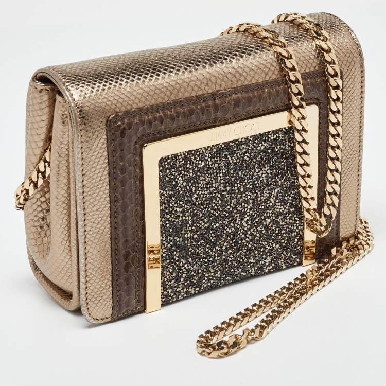 Pre Owned Jimmy Choo Gold/Brown Leather and Snakeskin Ava Crossbody Bag