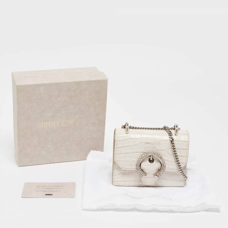 Pre Owned Jimmy Choo Cream Croc Embossed Leather Mini Paris Crossbody Bag