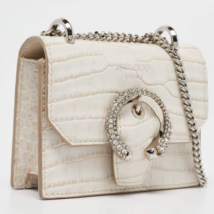 Pre Owned Jimmy Choo Cream Croc Embossed Leather Mini Paris Crossbody Bag