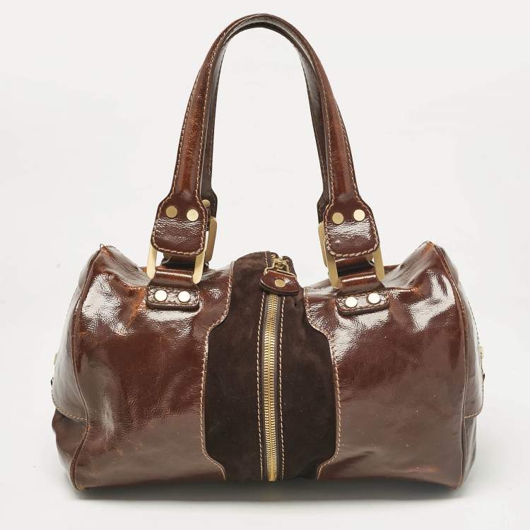 مملوكة مسبقًا Jimmy Choo Brown Patent Leather and Suede Large Marla Bag