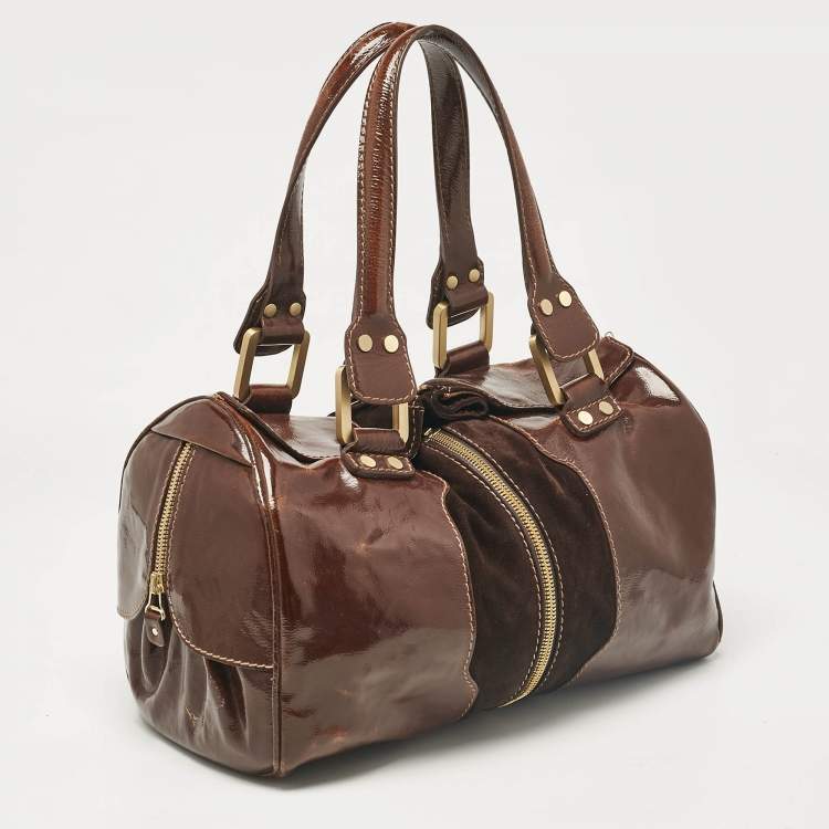مملوكة مسبقًا Jimmy Choo Brown Patent Leather and Suede Large Marla Bag
