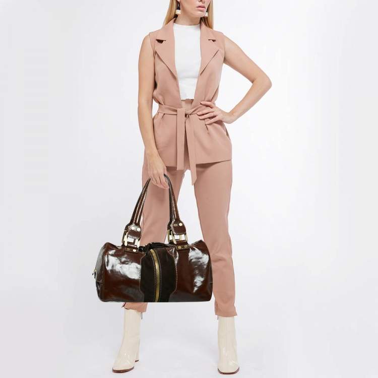 مملوكة مسبقًا Jimmy Choo Brown Patent Leather and Suede Large Marla Bag
