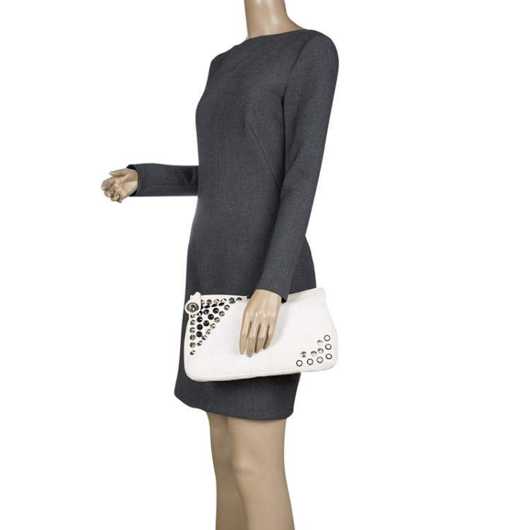 Pre Owned Jimmy Choo Off White Leather Studded Zulu Clutch