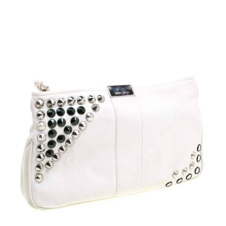 Pre Owned Jimmy Choo Off White Leather Studded Zulu Clutch