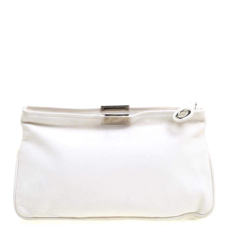 Pre Owned Jimmy Choo Off White Leather Studded Zulu Clutch