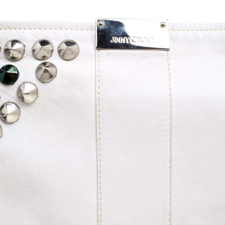 Pre Owned Jimmy Choo Off White Leather Studded Zulu Clutch