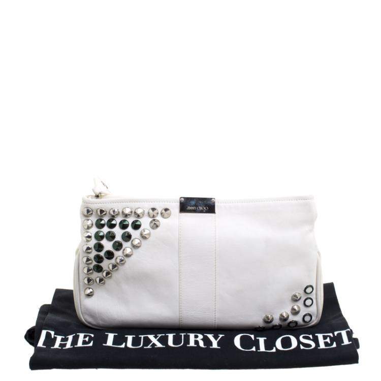 Pre Owned Jimmy Choo Off White Leather Studded Zulu Clutch
