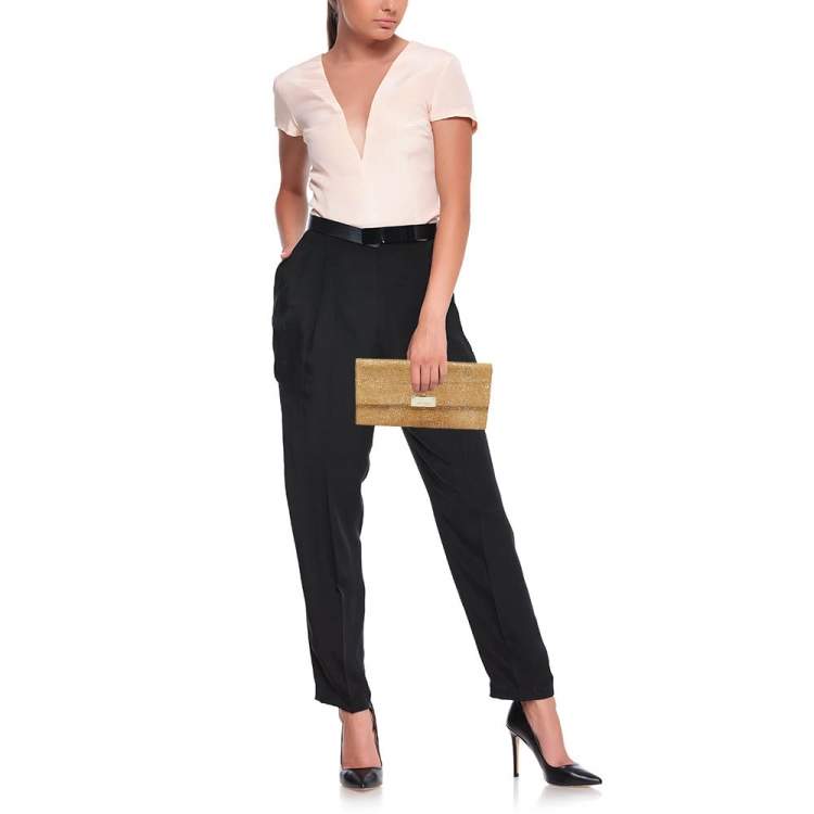 Pre Owned Jimmy Choo Gold Glitter Suede Reese Clutch