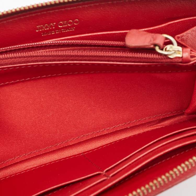 Pre Owned Jimmy Choo Red Leather Logo Zip Continental Wallet